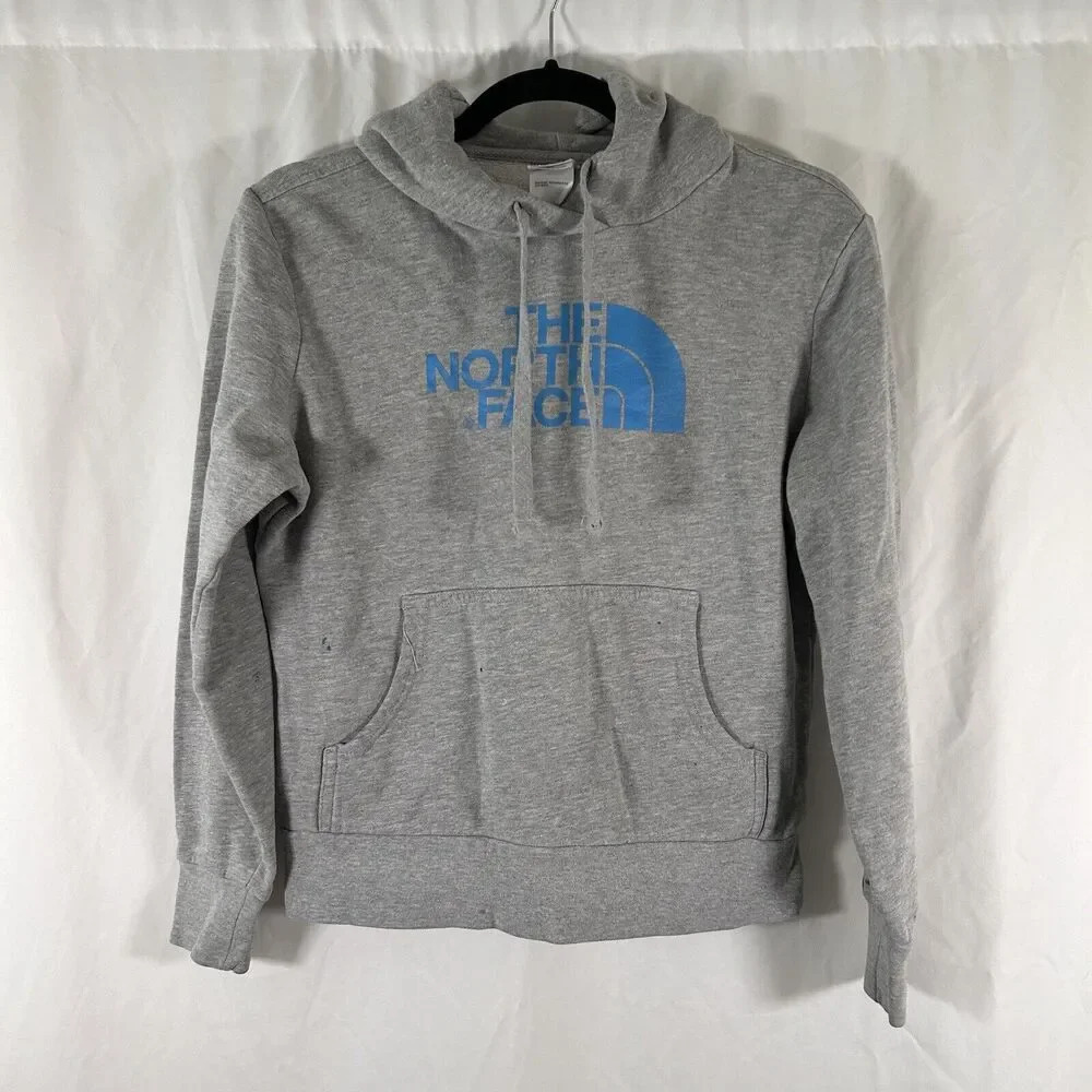 North Face Hoodie Women Small Grey Graphic Print Drawstring Cotton Blend Pullove
